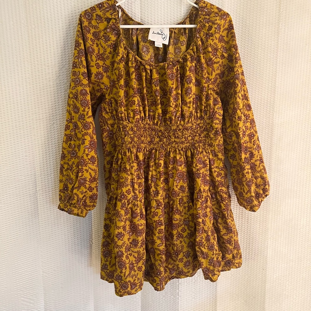Anthropologie Floral Smocked Dress - Mustard and Purple